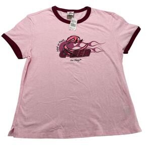 NWT VTG Y2K Pink Flames Six Flags Roadrunner Ringer Tee, Size XL